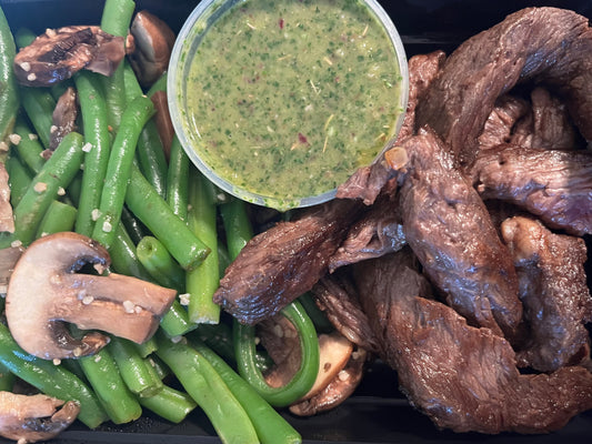 Skirt Steak Chimichurri with Green Beans and Mushrooms
